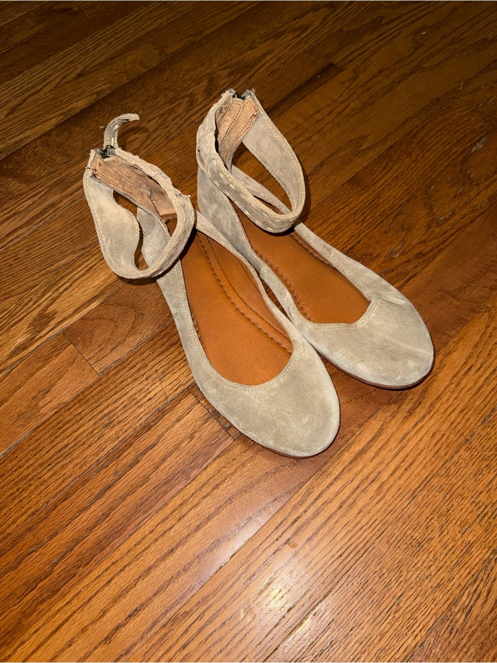 Frye Taupe Suede Ankle-Strap Ballet Flats